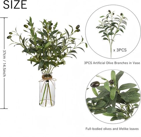 Artificial Plants Olive Branch in Glass Vase, 14.5" Fake Plant Greenery Stems with Olive Branches Faux Eucalyptus Stems for Home Office Farmhouse Wedding Table Centerpiece Décor in Saudi Arabia