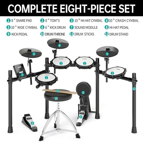 مجموعة الطبول الكهربائية، مجموعة الطبول الإلكترونية للبالغين مع 455 صوتًا، وسادات طبلة شبكية، وعصي الطبل، ودواسات شديدة التحمل، وعرش الطبل، وسماعات الرأس متضمنة - (UAED-5DS) in Kuwait