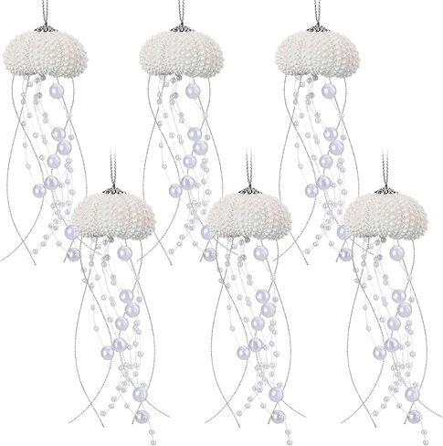 6 Pcs Sea Urchin Jellyfish Christmas Ornament Coastal Beaded Beach Theme Holiday Decorations Ocean Inspired Elegant Hanging Jellyfish Decorations with Crystal and Ribbons (White) in Saudi Arabia