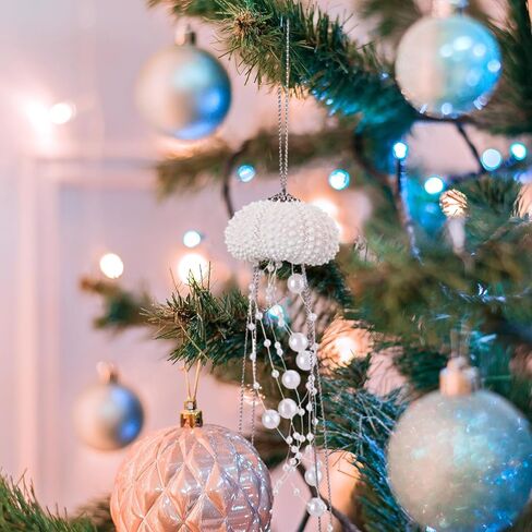 6 Pcs Sea Urchin Jellyfish Christmas Ornament Coastal Beaded Beach Theme Holiday Decorations Ocean Inspired Elegant Hanging Jellyfish Decorations with Crystal and Ribbons (White) in Saudi Arabia