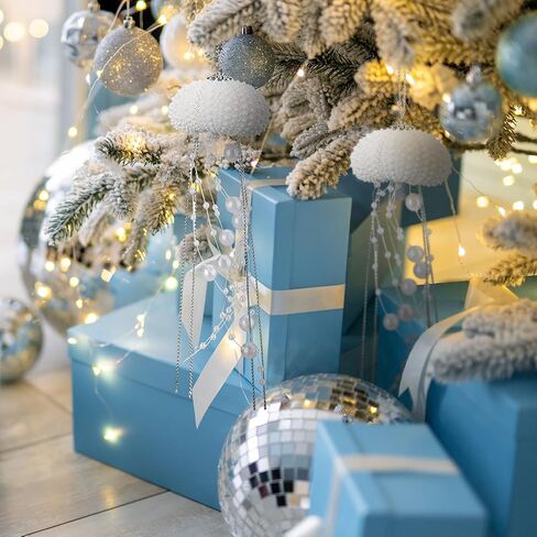 6 Pcs Sea Urchin Jellyfish Christmas Ornament Coastal Beaded Beach Theme Holiday Decorations Ocean Inspired Elegant Hanging Jellyfish Decorations with Crystal and Ribbons (White) in Saudi Arabia