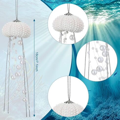 6 Pcs Sea Urchin Jellyfish Christmas Ornament Coastal Beaded Beach Theme Holiday Decorations Ocean Inspired Elegant Hanging Jellyfish Decorations with Crystal and Ribbons (White) in Saudi Arabia