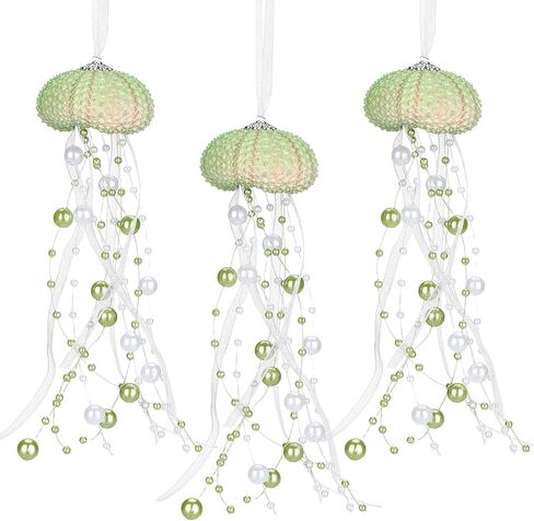 6 Pcs Sea Urchin Jellyfish Christmas Ornament Coastal Beaded Beach Theme Holiday Decorations Ocean Inspired Elegant Hanging Jellyfish Decorations with Crystal and Ribbons (White) in Saudi Arabia