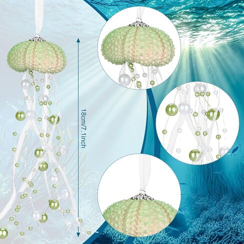 6 Pcs Sea Urchin Jellyfish Christmas Ornament Coastal Beaded Beach Theme Holiday Decorations Ocean Inspired Elegant Hanging Jellyfish Decorations with Crystal and Ribbons (White) in Saudi Arabia
