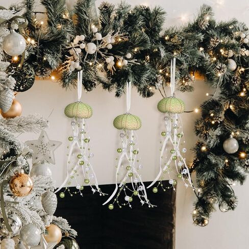 6 Pcs Sea Urchin Jellyfish Christmas Ornament Coastal Beaded Beach Theme Holiday Decorations Ocean Inspired Elegant Hanging Jellyfish Decorations with Crystal and Ribbons (White) in Saudi Arabia
