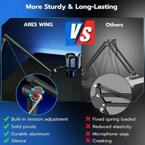 ذراع ميكروفون مع إضاءة RGB، حامل ذراع ميكروفون من الألومنيوم، حامل ذراع ميكروفون قابل للتعديل لـ Blue Yeti HyperX QuadCast SoloCast Shure SM7B MV7 Fifine K669B AM8 وغيرها من الميكروفونات in Kuwait