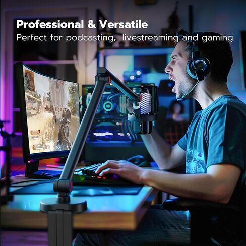 ذراع ميكروفون مع إضاءة RGB، حامل ذراع ميكروفون من الألومنيوم، حامل ذراع ميكروفون قابل للتعديل لـ Blue Yeti HyperX QuadCast SoloCast Shure SM7B MV7 Fifine K669B AM8 وغيرها من الميكروفونات in Kuwait