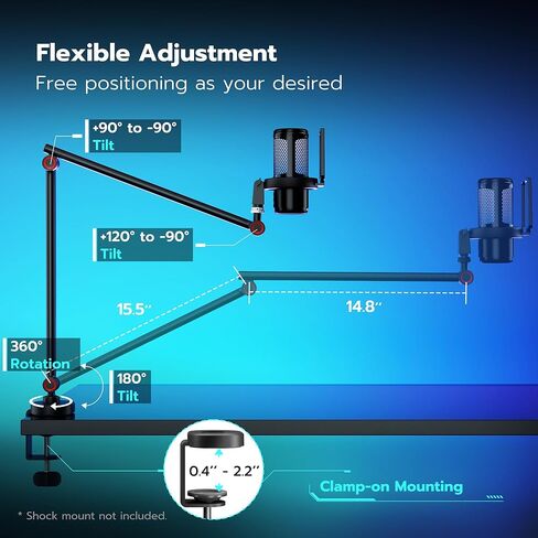 ذراع ميكروفون مع إضاءة RGB، حامل ذراع ميكروفون من الألومنيوم، حامل ذراع ميكروفون قابل للتعديل لـ Blue Yeti HyperX QuadCast SoloCast Shure SM7B MV7 Fifine K669B AM8 وغيرها من الميكروفونات in Kuwait