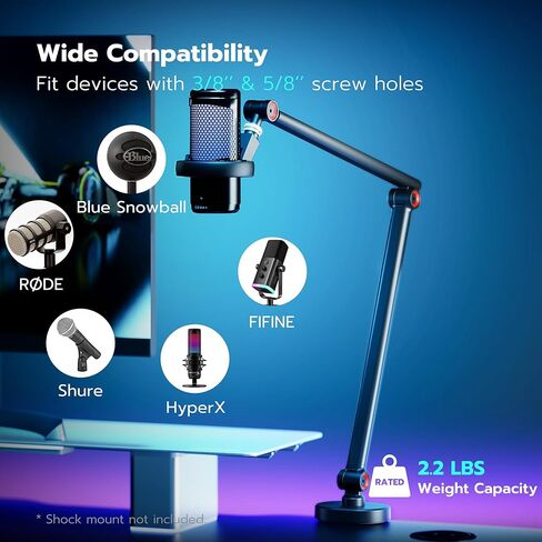 ذراع ميكروفون مع إضاءة RGB، حامل ذراع ميكروفون من الألومنيوم، حامل ذراع ميكروفون قابل للتعديل لـ Blue Yeti HyperX QuadCast SoloCast Shure SM7B MV7 Fifine K669B AM8 وغيرها من الميكروفونات in Kuwait