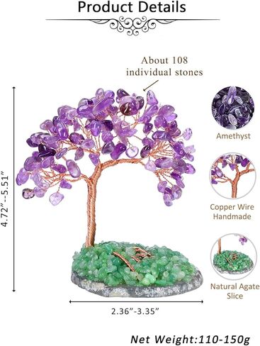 Jovivi جمشت كريستال شجرة الأرجواني بلورات الشفاء حجر شجرة المال على قاعدة شريحة العقيق مع هبط الأحجار الكريمة الأسلاك النحاسية كريستال شجرة الحياة زخرفة للمنزل مكتب مكتب فنغ شوي ديكور in Kuwait
