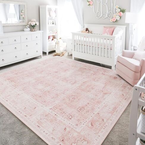 Light Pink Nursery Area Rug 6x9 for Bedroom Girls,Washable Baby Blush Pink Boho Floral Rug,Super Soft Faux Wool Machine Washable Carpet Area Rugs for Kids Room Playroom in Saudi Arabia