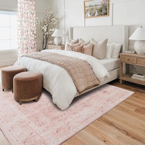 Light Pink Nursery Area Rug 6x9 for Bedroom Girls,Washable Baby Blush Pink Boho Floral Rug,Super Soft Faux Wool Machine Washable Carpet Area Rugs for Kids Room Playroom in Saudi Arabia