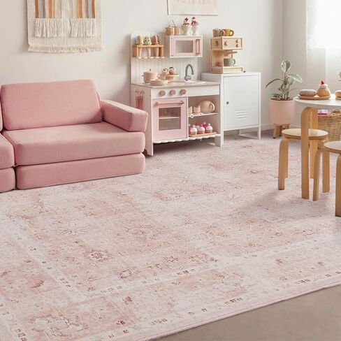 Light Pink Nursery Area Rug 6x9 for Bedroom Girls,Washable Baby Blush Pink Boho Floral Rug,Super Soft Faux Wool Machine Washable Carpet Area Rugs for Kids Room Playroom in Saudi Arabia