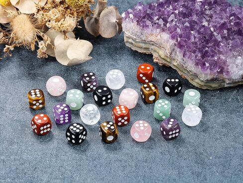 مجموعة النرد الكريستالي للشفاء من توب بلازا 7 شقرا، 6 نردات من الأحجار الكريمة المنحوتة من أجل موازنة الويكا الروحية والريكي والسحر والهدايا المفضلة لعيد الميلاد in Kuwait