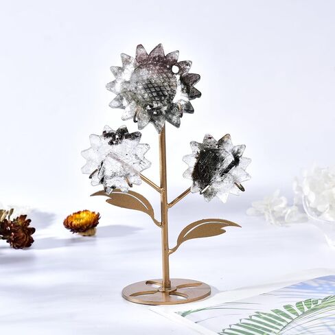 JIC Gem Labradorite Stone Crystal Sunflower Labradorite Quartz Crystal Slices Carved Flower Healing Crystal Gemstone Decoration on Stand Home Decor Reiki Meditation in Saudi Arabia