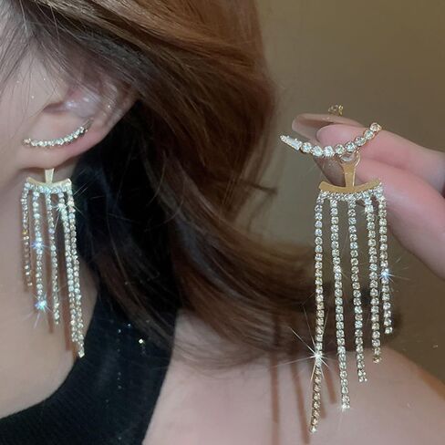 Silver Rhinestone Tassel Earrings Front Back Wedding Party Prom Earrings Crystal Statement Chandelier Sparkly Long Tassel Earrings Cubic Zirconia Crystal Earrings for Birthday Gifts… in Saudi Arabia