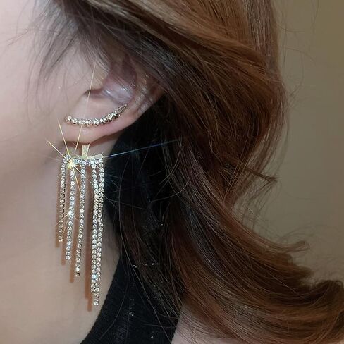 Silver Rhinestone Tassel Earrings Front Back Wedding Party Prom Earrings Crystal Statement Chandelier Sparkly Long Tassel Earrings Cubic Zirconia Crystal Earrings for Birthday Gifts… in Saudi Arabia