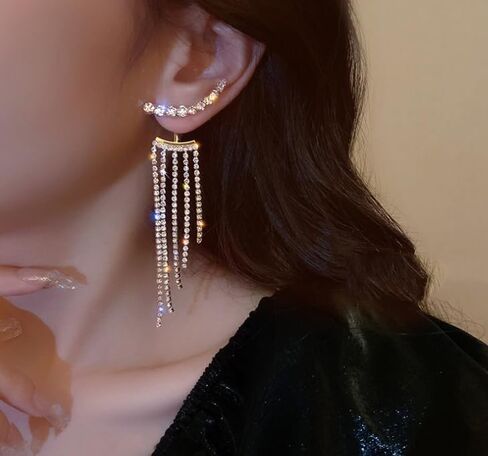 Silver Rhinestone Tassel Earrings Front Back Wedding Party Prom Earrings Crystal Statement Chandelier Sparkly Long Tassel Earrings Cubic Zirconia Crystal Earrings for Birthday Gifts… in Saudi Arabia
