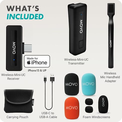 ميكروفونات Movo Wireless Mini UC Duo المزدوجة اللاسلكية المدمجة للغاية لهاتف iPhone 15 مع محول محمول - ميكروفون على شكل طية صدر السترة مع حامل بمقبض لمنشئي المحتوى والمقابلات وإعداد التقارير والمزيد in Kuwait