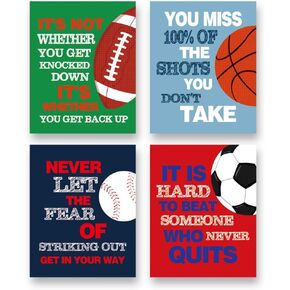 Colorful Sport Inspirational Quote Art PrintBasketball Football Baseball Soccer Sport Motivotional Saying Canvas Wall Art(8"X10"X4 pieces, Unframed)Sport Themed for Boy Playroom Classroom