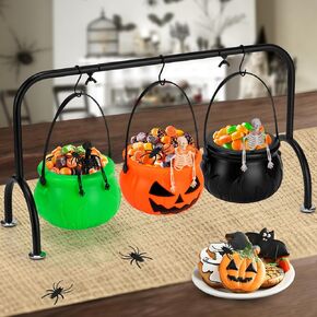 Halloween Decor - Halloween Party Decorations - Set of 3 Witches Cauldron Serving Bowls on Rack - Black Plastic Cauldron with Skeletons for Indoor Outdoor Home Kitchen Decoration