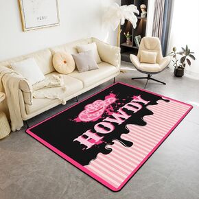 jejeloiu Howdy Rugs for Living Room Bedroom Kids Western Hat Decor Area Rug 3x5 Pink Cow Girl Decorative Carpet Set for Strip Lines Pink Black Indoor Floor Mat