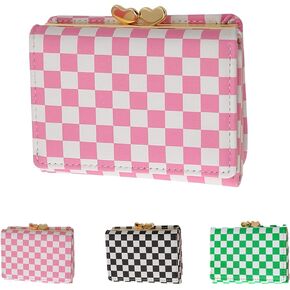 AACKS Pink Checkered Coin Purse for Women Checkered Wallet for Teen Girls Aesthetic Wallet for Kids Teens Women Checkered Card Holder Small Wallet Pink and White