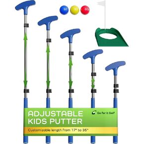 Go for It Golf Kids Putter - Extendable Shaft for Junior Golfers - Adjustable Size for Right and Left Hand - Perfect Training Club for Kids - Includes 3 Balls, Cup with Flag - Red, 17"- 35"