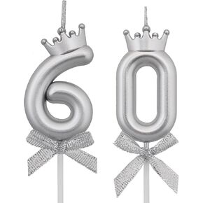 60 Birthday Candles, 60th Cake Candles, Silver Happy Birthday Number 60 Candles Cake Topper Decorations for Party Men Women