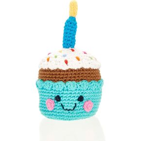 Pebble 200-014C Friendly Cupcake with Candle Rattle, 5.1-inch Length, Cotton Yarn, Blue