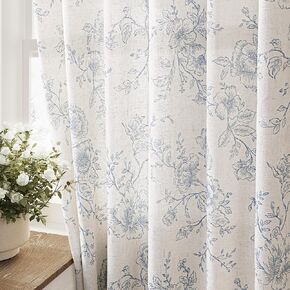 Floral Linen Curtains for Dining Room 84 inch length 2 panels Neutral Cream Black Pattern Printed Curtains Light Filtering Back Tab Semi Sheer Drapes Farmhouse French Country Curtain for Bedroom