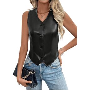 MakeMeChic Women's PU Leather Sleeveless V Neck Button Front Crop Vest Blazer Waistcoat