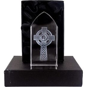Celtic Cross Glass Sculpture Tabletop Stand Figurine Featuring a 3D Etched Claddagh Cross- Elegant Irish Décor Accent 3.5"" H, Clear