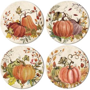 Whaline Fall Thanksgiving Coaster Vintage Autumn Pumpkin Leaves Drink Coaster Absorbent Natural Ceramic Coaster Retro Harvest Cup Mat for Mugs Cups Home Kitchen Office Party Supplies, 4Pcs