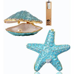 H&D HYALINE & DORA Metal Glass Trinket Box Ring Holder Small Seashell Figurine Collectible Table Centerpiece and Hinged Metal Starfish Jewelry Box Decorative Box Ring Holder Gift for Women Girl