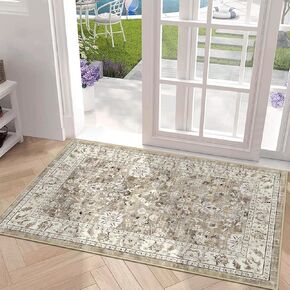 LOKHOM Washable Area Rug, 3x5 Non-Slip Kitchen Area Mat Vintage Living Room Rug with Rubber Backing, Boho Floral Faux Wool Farmhouse Bedroom Area Carpet for Bedroom Bathroom Kitchen Laundry(Teal)