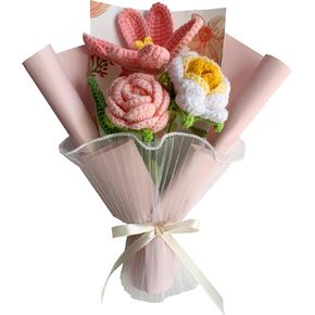 M-dazzling Crochet Flowers,Crochet Flower Bouquet, Finished Handmade Flowers,pink Roses,pink Tulip,for Valentines Day Mother's Day Birthday Wedding Teacher’Day Gift and Home Decor and Desk Decoration