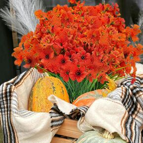 Artificial Fake Fall Plants Flowers for Outdoor Outside, Faux Autumn Orange Yellow Silk Daisy Realistic UV Resistant for Planter,Porch Patio Garden Window Decoration（16 Bundles）