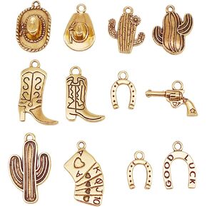 100 Grams Western Cowboy Charms Antique Silver Gold Color Mixed Bulk Alloy Boot Gun Hat Pendants for Necklace Earrings Bracelet Keychain Jewelry Making Father's Day Gifts DIY Craft Findings