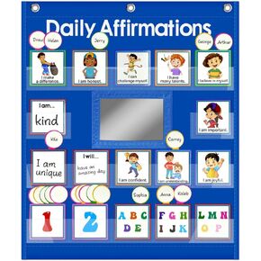 Daily Affirmations Pocket Chart, Pocket Charts for Classroom, Study Feelings Chart with Mirror 79 Cards, Homeschool Kids Calm Down Corner Supplies Blue