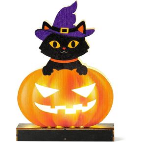 WATINC Wooden Halloween Tabletop Decoration, Indoor Pumpkin Lights, Jack O Lanterns Light Centerpiece, Outdoor Black Cat Sit on Pumpkins with Wizard Hat Happy Halloween Trick or Treat Party Decor in Saudi Arabia