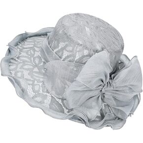 Women’s Lace Organza Bow Hat Wide Brim Fascinator Bucket Hat Cocktail Tea Party Bridal Wedding Church Hat