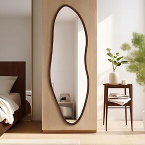 Full Length Mirror, 65"x22" Full Body Mirror with Wood Frame, Irregular Wall Mirror, Modern Decorative Wall Mounted Floor Mirror for Bedroom Bathroom Living Room Entryway, Walnut