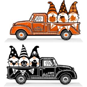 Halloween Fall Wooden Table Sign Decorations Double-sided Halloween and Thanksgiving Gnome Truck Sign Tabletop Ornaments for Autumn Harvest Party Home Farmhouse Decorations Supplies