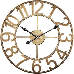 Large Wall Clock, 24 Inch Silent Non-Ticking Battery Operated Outdoor Wall Clock, Vintage Gold Metal Wall Clock for Patio, Porch, Pool Area, Kitchen, Bedroom, Living Room, Farmhouse Decor