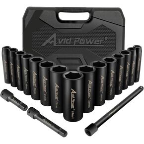 AVID POWER 18pcs 1/2-inch Drive Impact Socket Set, 10-24mm Metric Sizes Sockets and 3'' 5'' 10'' Extension Bar, 6 Point, Cr-V Steel Socket Set