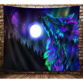 Wolf Moon Tapestry, Colorful Cool Psychedelic Wolf Poster Tapestry Wall Hanging, Purple Hippie Trippy Tapestry for Bedroom Aesthetic, Wild Animal Wolves in Forest Tapestries for Living Room, 60X40in