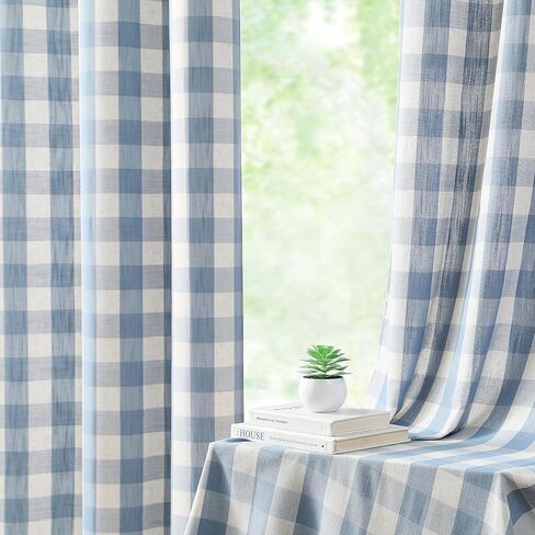 ستائر منقوشة شبه شفافة من الكتان باللون الأزرق الجاموس بطول 84 بوصة، ستائر جيب على شكل قضيب قطني للمزرعة لغرفة المعيشة وغرفة النوم، معالجة النوافذ الريفية، 40 بوصة عرض × 84 طول × 2، كتان أزرق مغبر in Kuwait