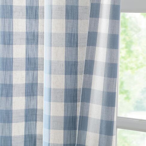 ستائر منقوشة شبه شفافة من الكتان باللون الأزرق الجاموس بطول 84 بوصة، ستائر جيب على شكل قضيب قطني للمزرعة لغرفة المعيشة وغرفة النوم، معالجة النوافذ الريفية، 40 بوصة عرض × 84 طول × 2، كتان أزرق مغبر in Kuwait