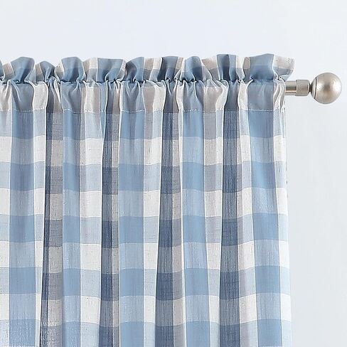 ستائر منقوشة شبه شفافة من الكتان باللون الأزرق الجاموس بطول 84 بوصة، ستائر جيب على شكل قضيب قطني للمزرعة لغرفة المعيشة وغرفة النوم، معالجة النوافذ الريفية، 40 بوصة عرض × 84 طول × 2، كتان أزرق مغبر in Kuwait